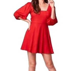 BAND OF THE FREE Women M Josette Dress Aurora Red Puff Sleeve Mini Flared Lined